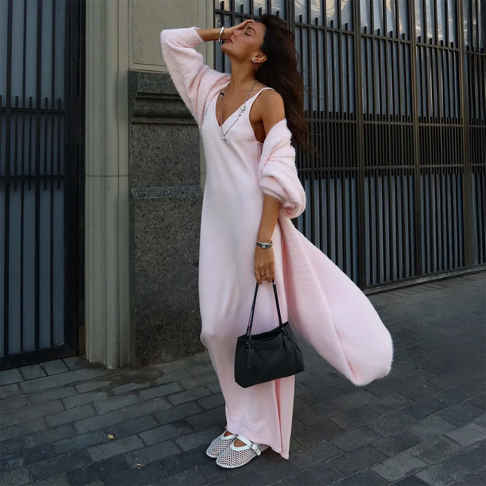 

Осенний элегантный женский вязаный длинный кардиган, модное повседневное белое простое пальто 2026, праздничное рабочее женское однотонное трикотажное пальто