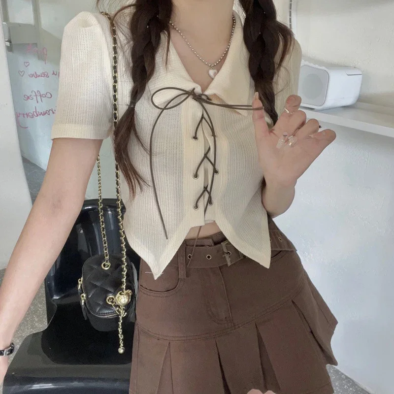 Ensemble deux pièces à bandes pour femmes, haut court, Sexy, doux, épicé, Simple, chemise à nœud, Denim, Vintage, plissé, Preppy, jupe à fermeture éclair, nouvelle collection été