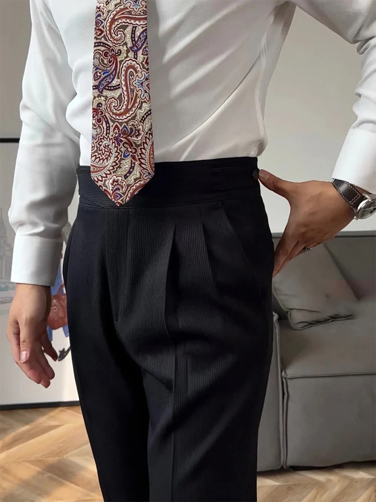 

High-Waisted Corduroy Men's Pants Adjustable Belt Straight Trousers Business Casual Parties Formal Events Pants Male Plus Size