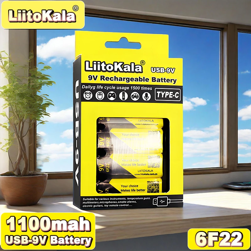 

LittoKala 9V 1100mAh Battery 4-Pack, Type-C Rechargeable & Eco-Friendly, Save vs Alkaline