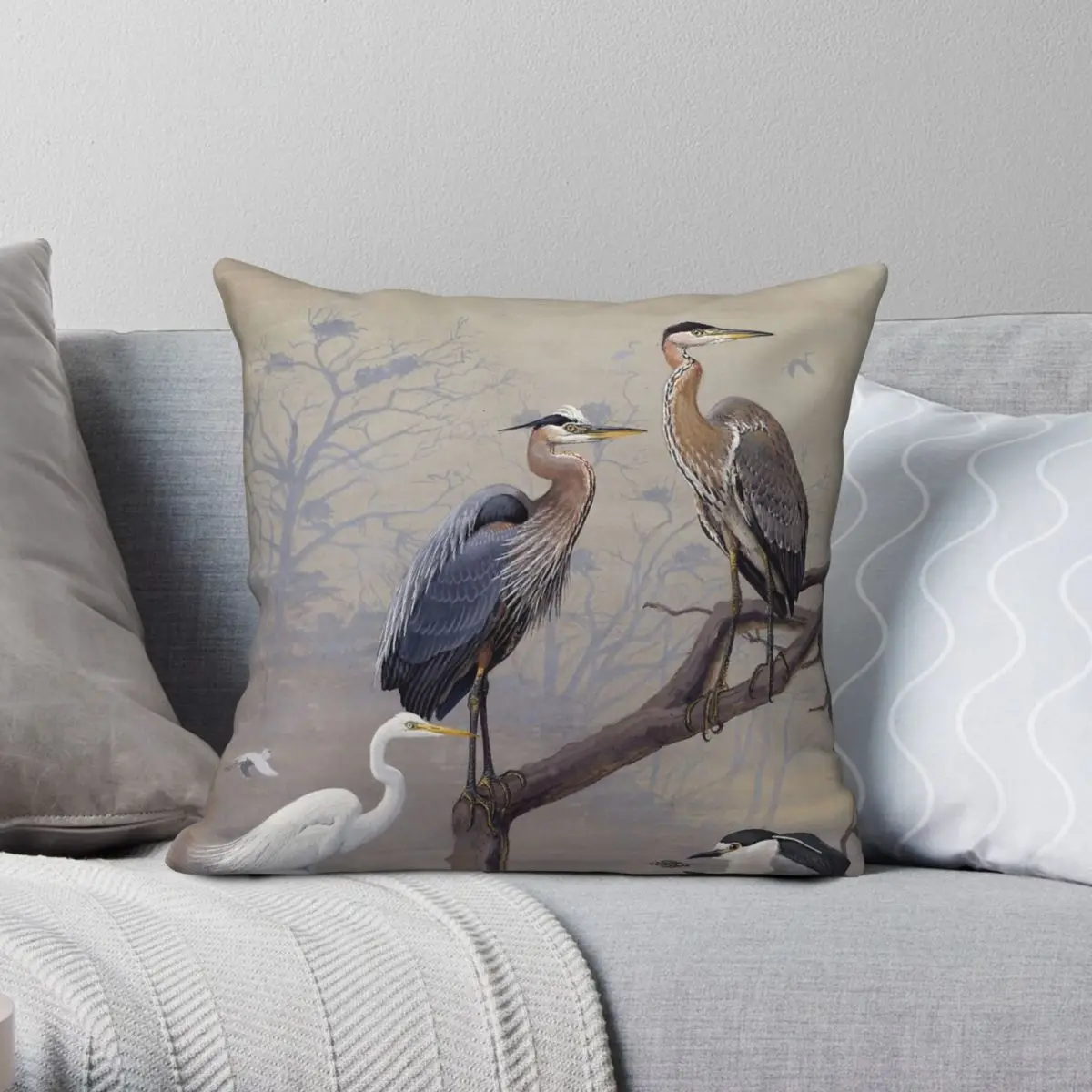 

Great Blue Heron American Egret Square Pillowcase Polyester Linen Velvet Creative Zip Decor Throw Pillow Case Home Cushion Cover