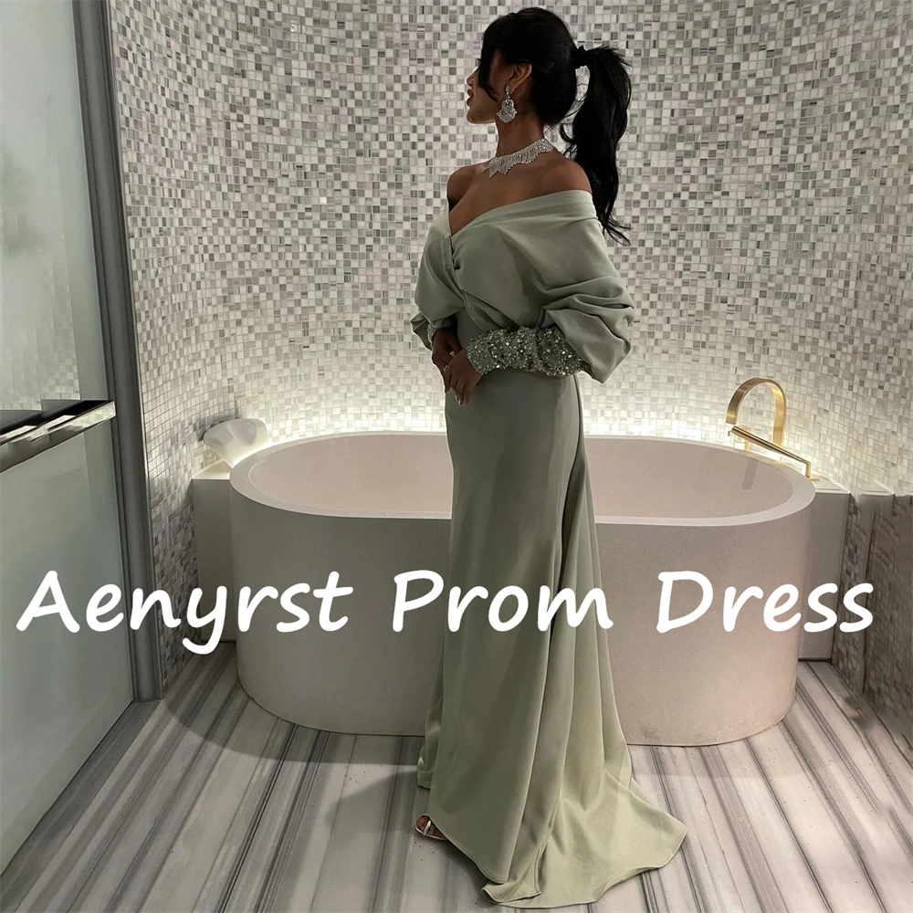 Aenyrst Green Off Shoulder V Neck Evening Gowns Customized Satin Long Sleeves Sequin Prom Dress Floor Length Formal Party Gowns