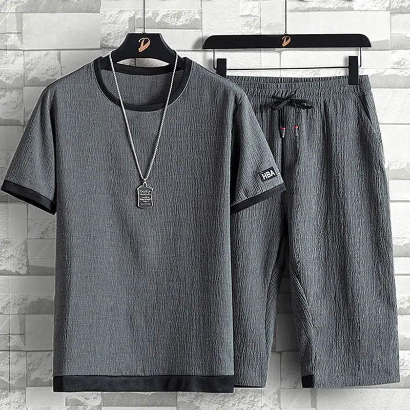 

Men's Casual Ice Silk Linen Summer Faion Two-Piece Set Loose Large Size ort Sve orts One Whole Set Comfortable Sport...