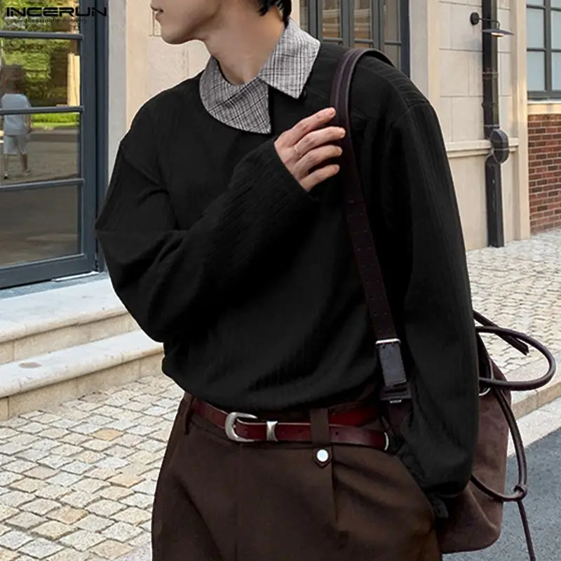 

INCERUN Men Shirt Plaid Patchwork Lapel Long Sleeve Casual Men Clothing Knitted Streetwear Korean Style Fashion Tops Male Shirts