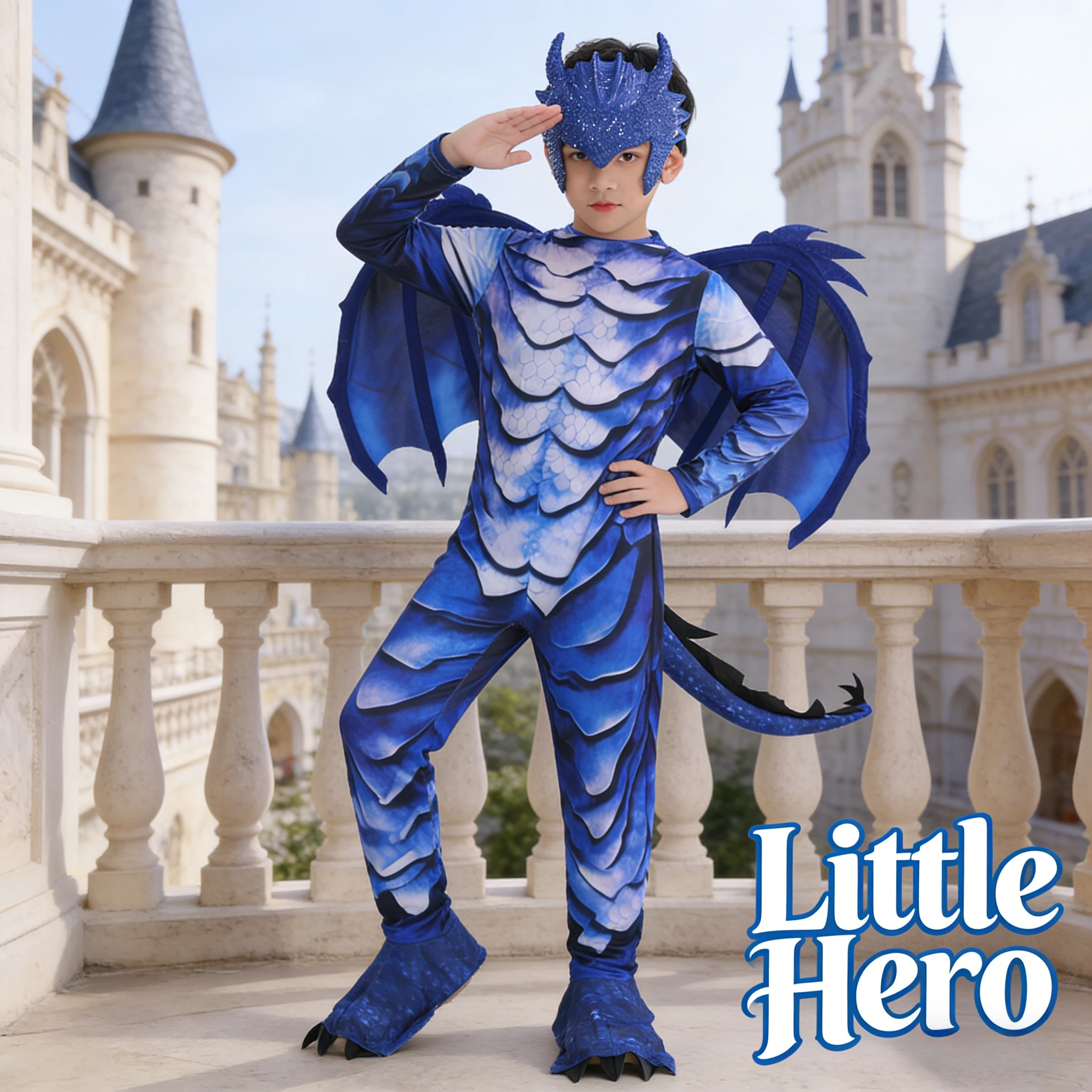 

Kids Ice Dragon Knight Cosplay Costume Set with Double Sided Printed Wings for Halloween Party Stage Performance