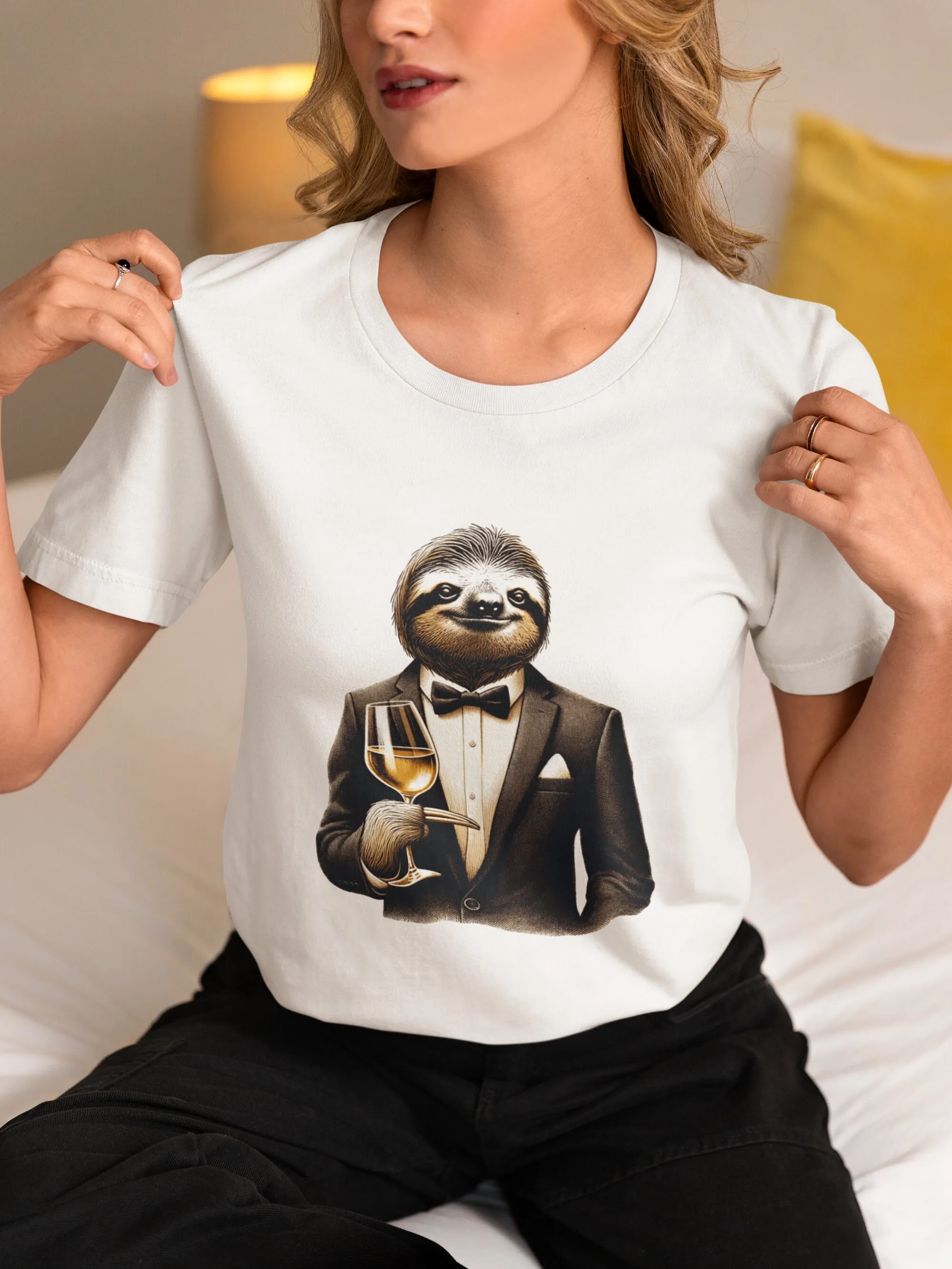 Sophisticated Sloth in Tuxedo Wine Glass Print T Shirt Animal Humor Party Unique Funny Casual Stylish