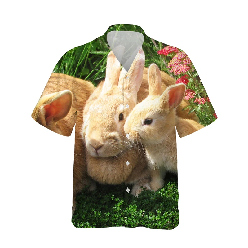 Summer Breathable Rabbit 3d Print Trendy Cool Fashion Hawaiian Shirts Beach Party Tops Short Sleeves Blouses Men's Shirts 6XL