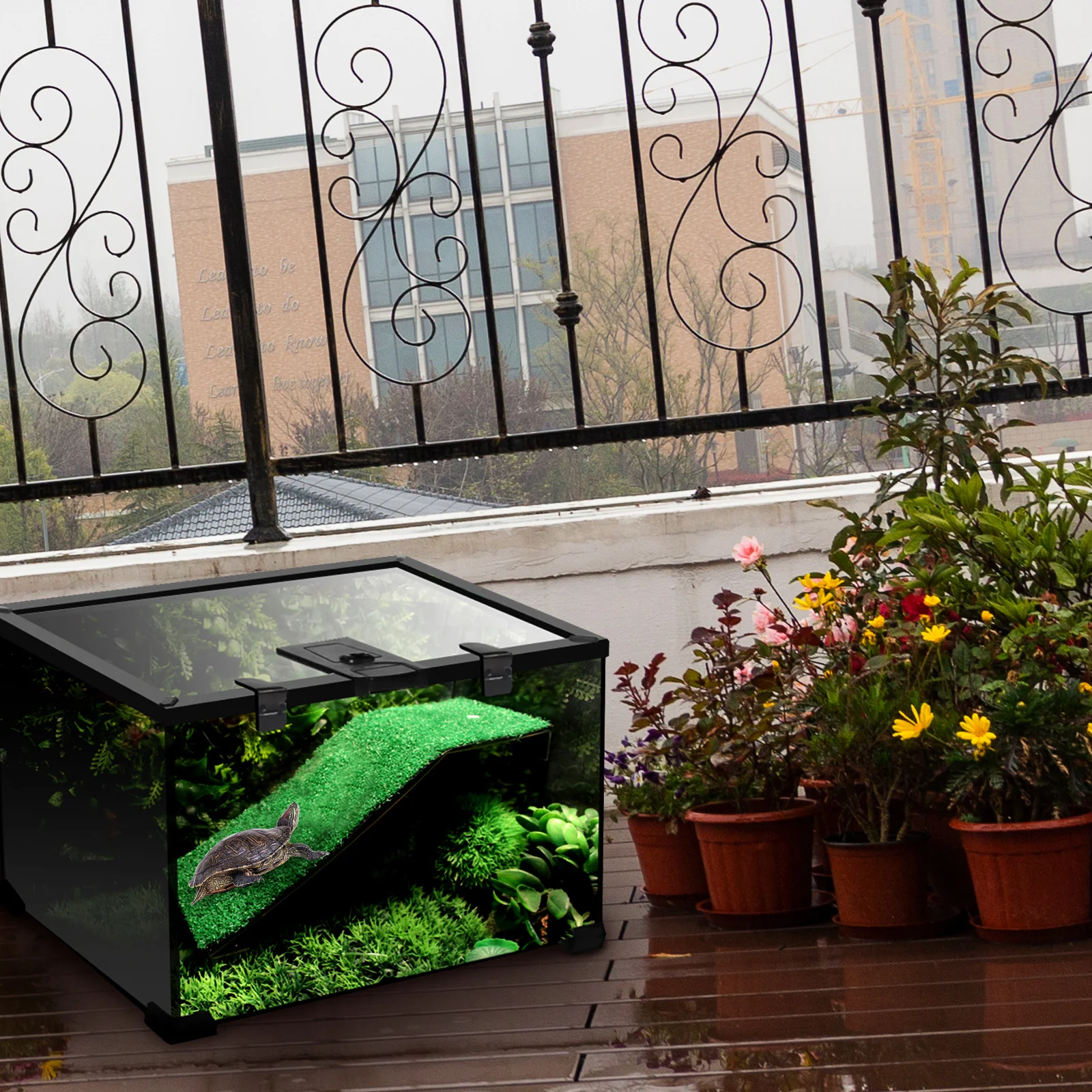 

Tortoise Climbing Platform Simulation Grass Lawn Terrace Aquarium Decor Ladder Reptile Shelter Basking Pet