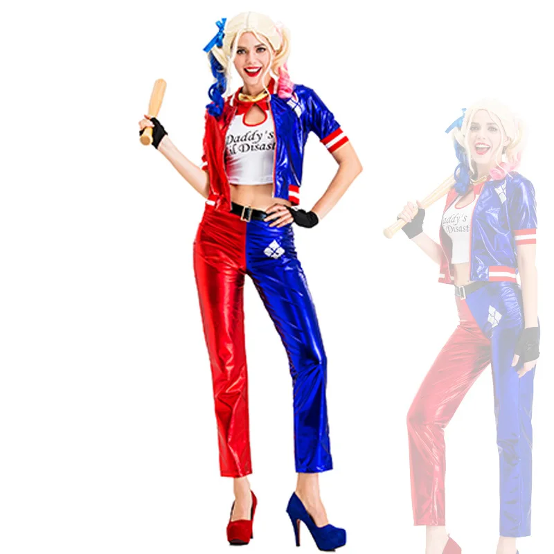 

Suicide Squad Harley Quinn Harlequin Costume Women Cosplay Comic-Con Drama Gothic Crop Top Coat Gloves Pants