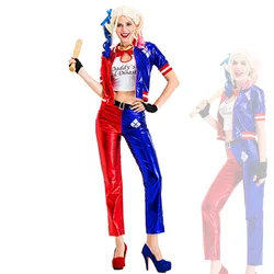 Harlequin Costume Women Cosplay Comic-Con Drama Gothic Crop Top Coat Gloves Pants Red and Blue Gilrs