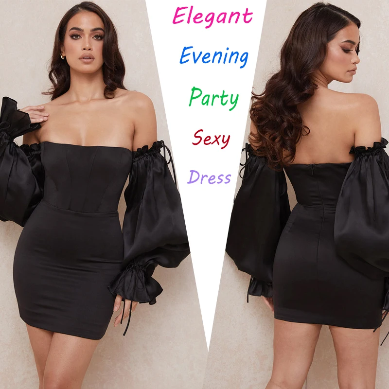 

White Women Autumn Sexy Satin Dresses Off Shoulder Lantern Sleeve Dress With Chest Padded Night Club Short Mini Vestidos