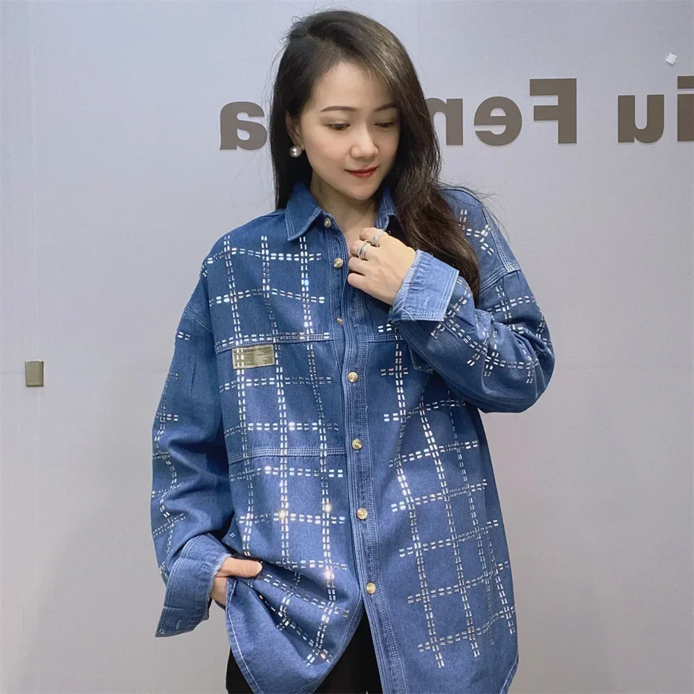 2024 Full Sleeve Diamonds Plaid Denim Shirts Women Autumn Clothes Loose Mid-Length Jeans Blusas Coats Кофточки Женские Модные