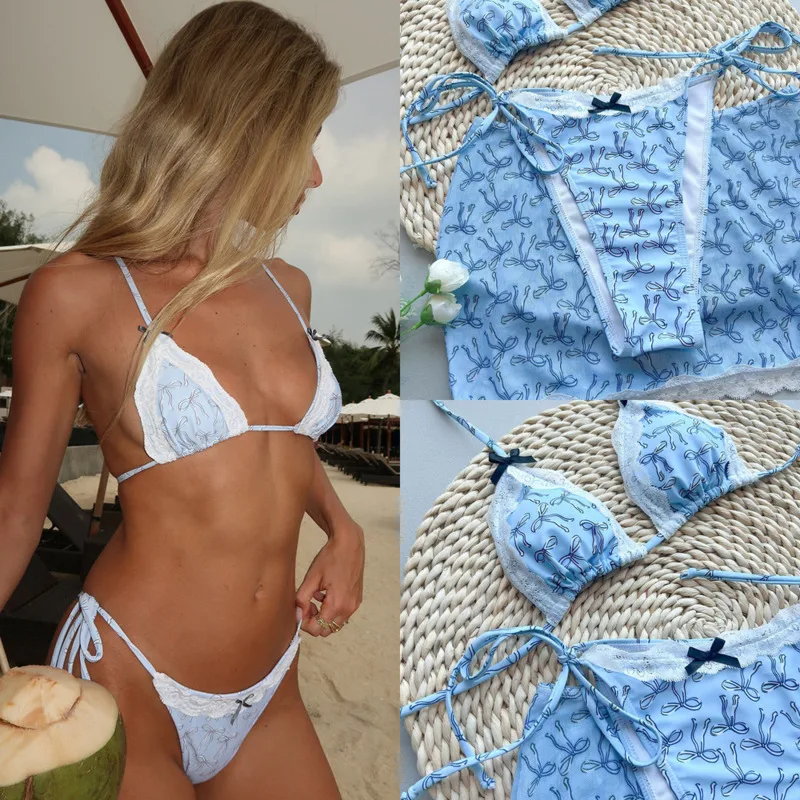 

Купальник с кружевным принтом и бантом, 2 комплекта, синий бикини, лето Eur Us Ru, большая грудь, 2025 г., сексуальный, легкий, роскошный, для пляжного отдыха, BIKINI, 2 костюма, новый