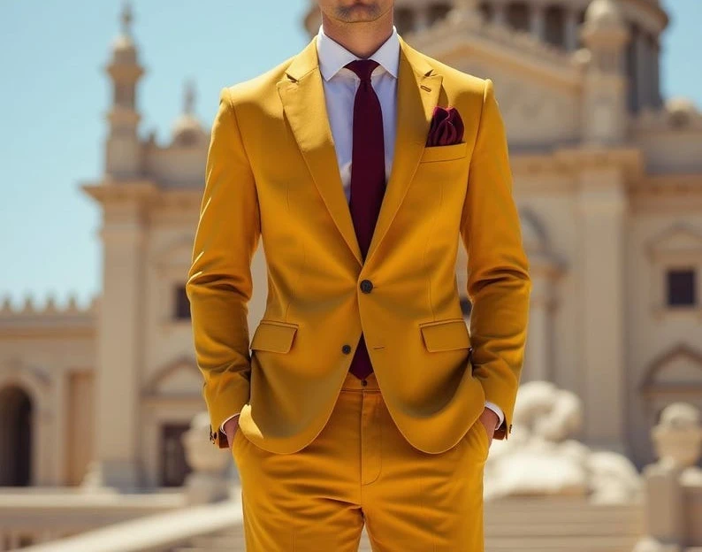 

Men's Custom-Tailored Mustard Yellow Suit Slim Fit Wedding Formal Wear