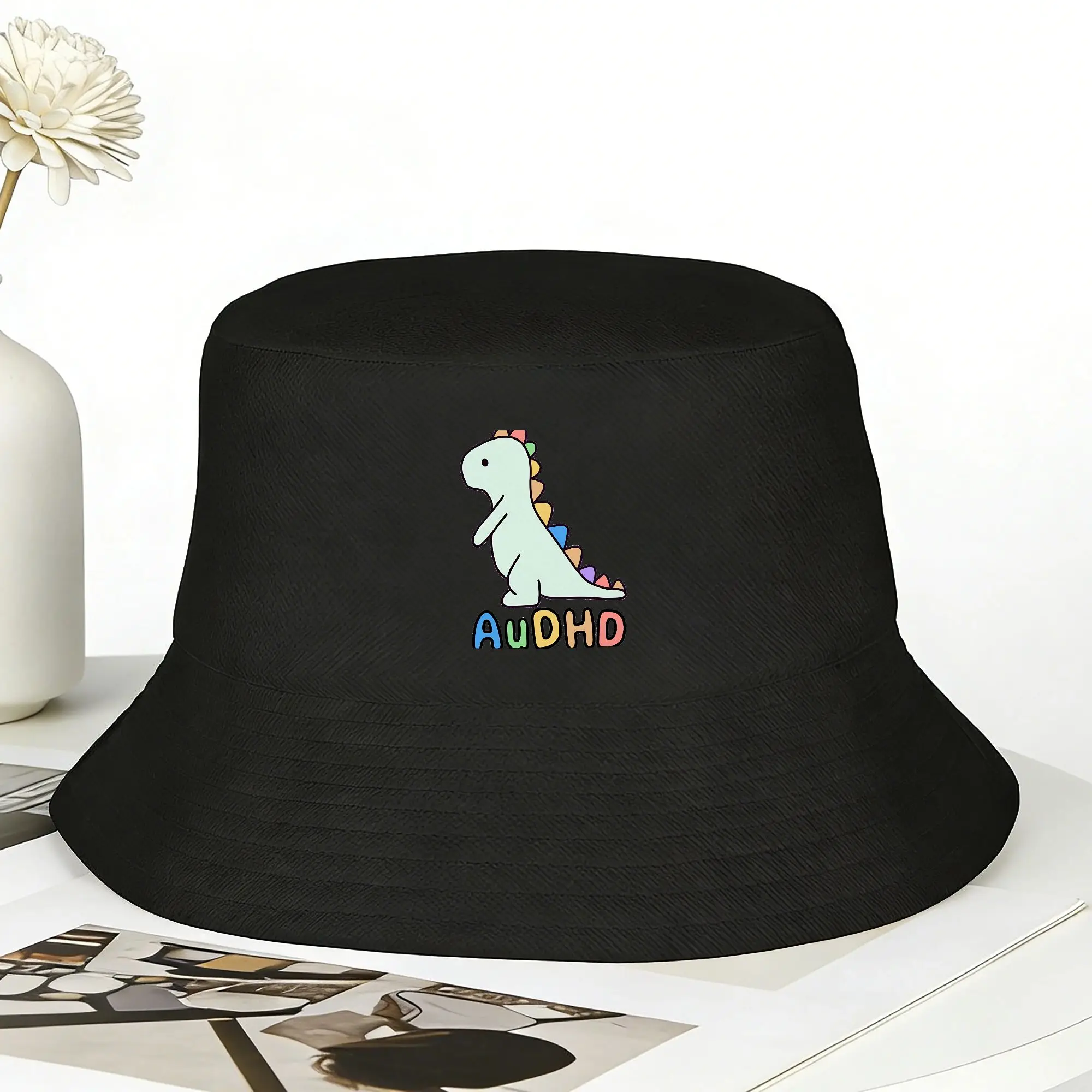 Men Women Cute AuDHD dinosaur Bucket Hat  Foldable Fisherman Hats Spring Casual Fishing Caps Hawaii Pattern Sun Hat