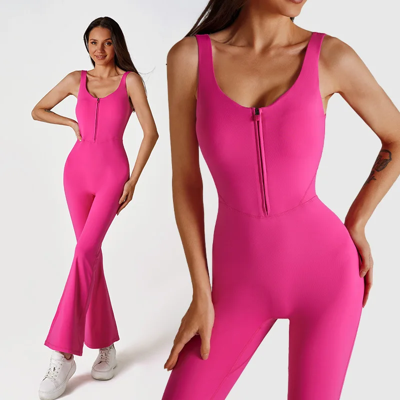 

Solid Color Sporty Jumpsuit Gym Yoga Suit Tracksuit Women's Fitness Overalls One-Piece Sport Zipper Tigh Workout Jumpsuit
