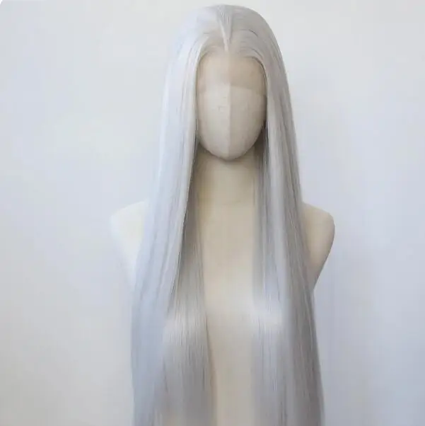 

Silver Synthetic Lace Front Wig Long Straight Silver Lace Front Synthetic Wig Pre Plucked Heat Resistant Hair Daily Wear Cosplay