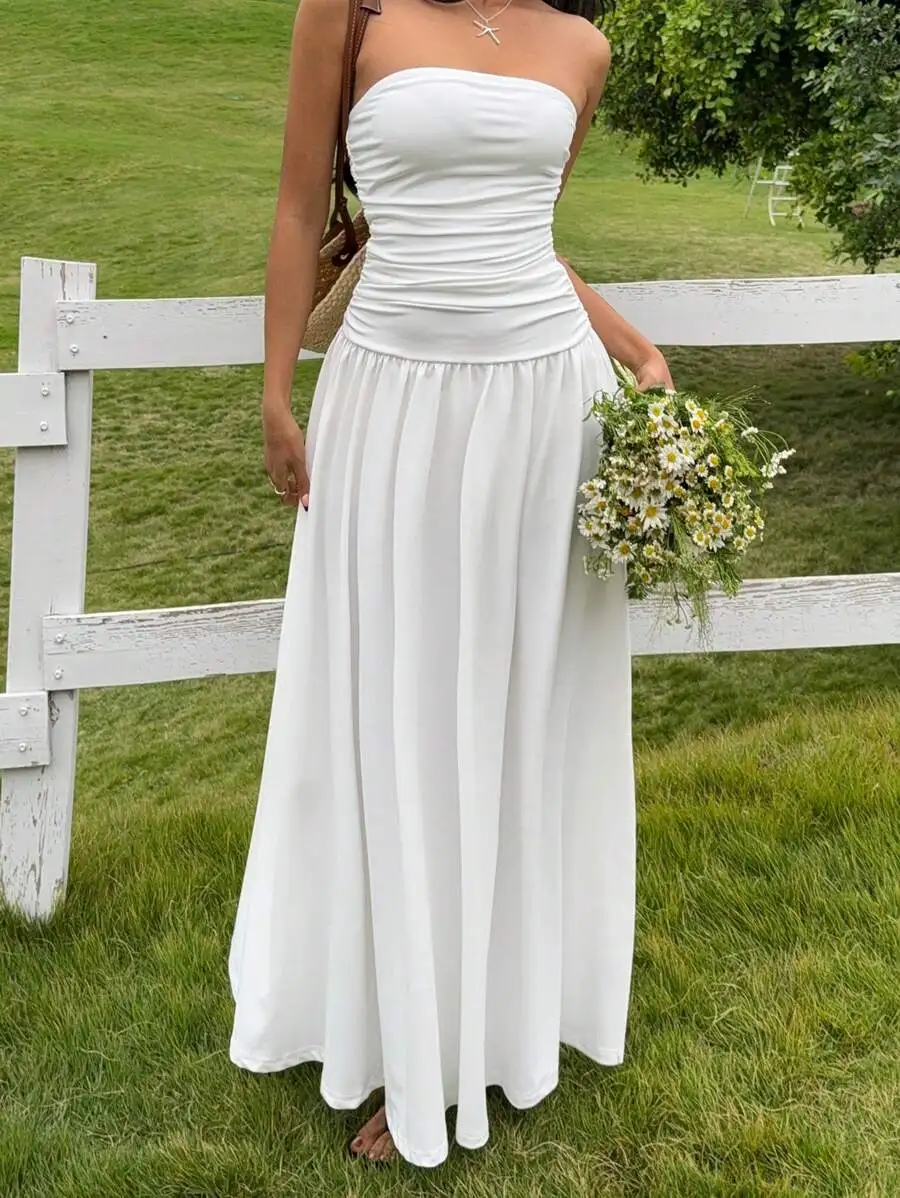 

Women's White Strapless Ruched Maxi Dress with Flowy Skirt