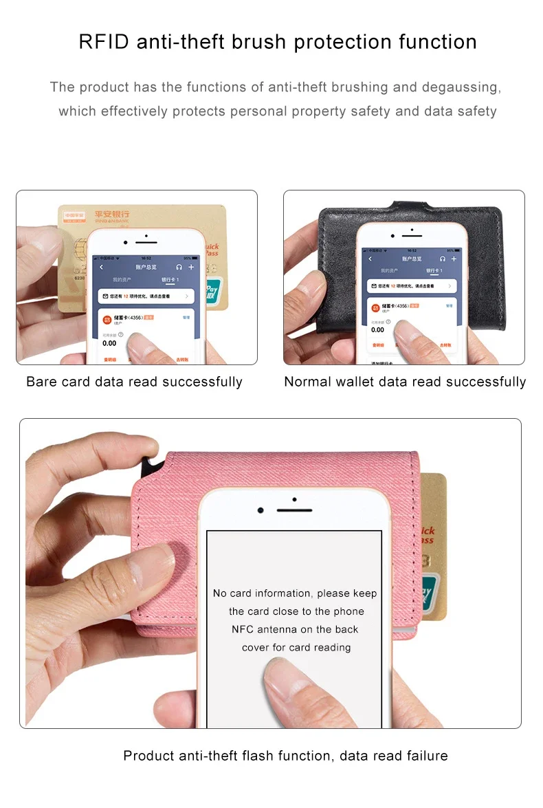 Damen Rosa Geldbörse Schlankes Minimalistisches PU-Leder Automatisches Pop-Up-Portemonnaie Geldklammer RFID Aluminium Kreditkartenhalter für Frauen Männer – Detail 7