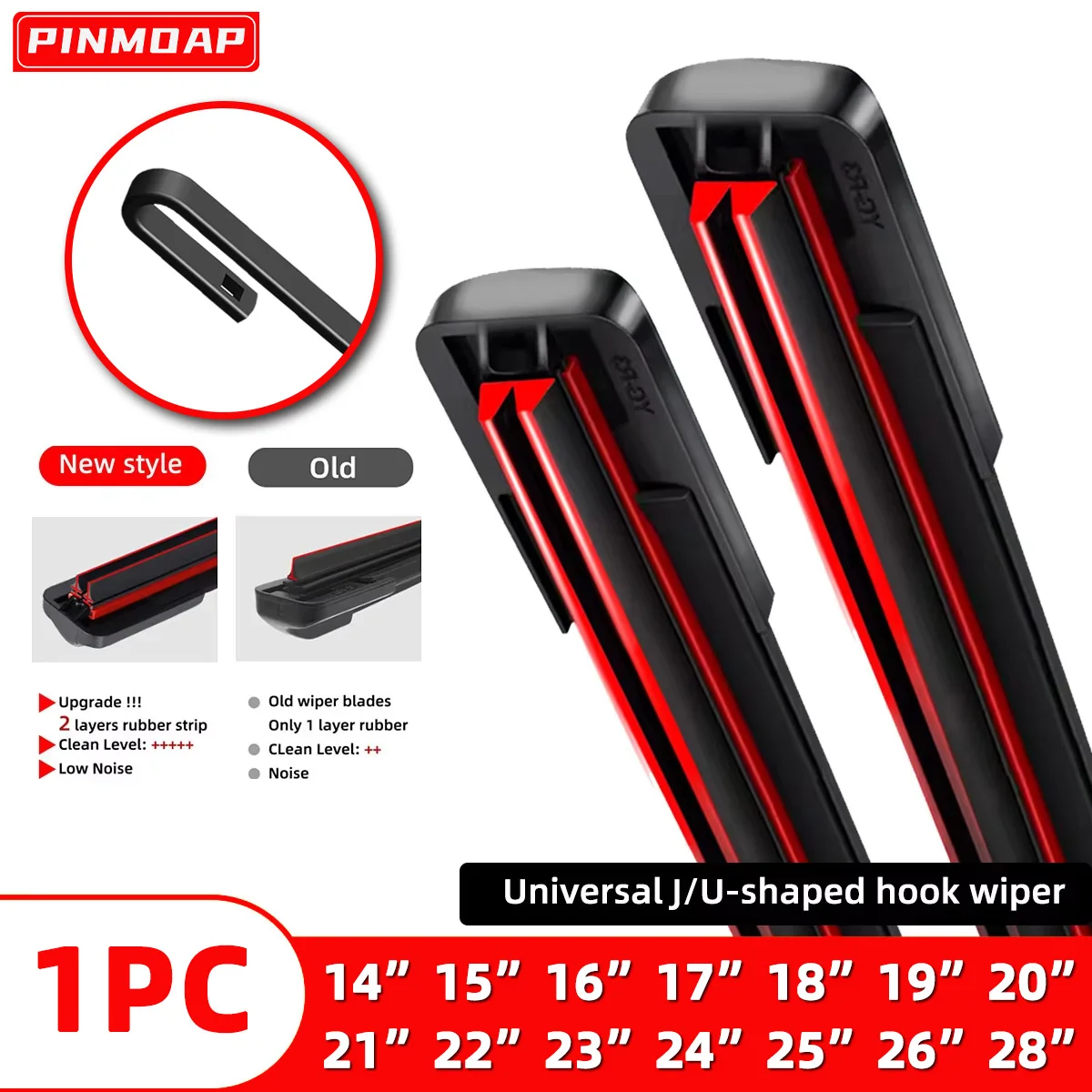 PINMOAP 1PC Fit For J/U Hook Car Front Windshield Wiper Double Rubber Strip Wiper Noise Reduction Long Service Life Auto Parts