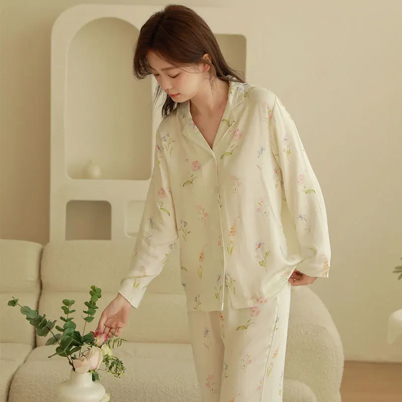 2026 Women Two Pieces Spring Pajamas Suits Flower Print Satin Pijama Turn Down Collar Tops With Pants Pajamas