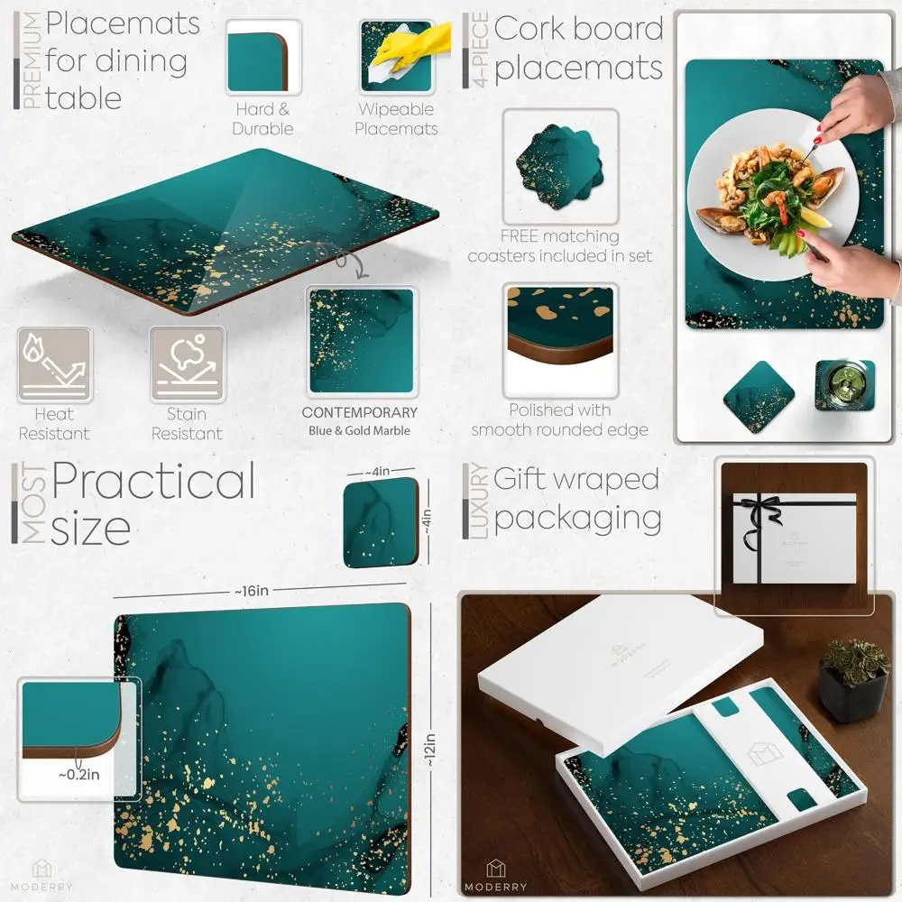 

4-Piece Heat-Resistant Cork Placemats with Matching Drink Coasters, Deep Green & Gold, 16x12 Inches