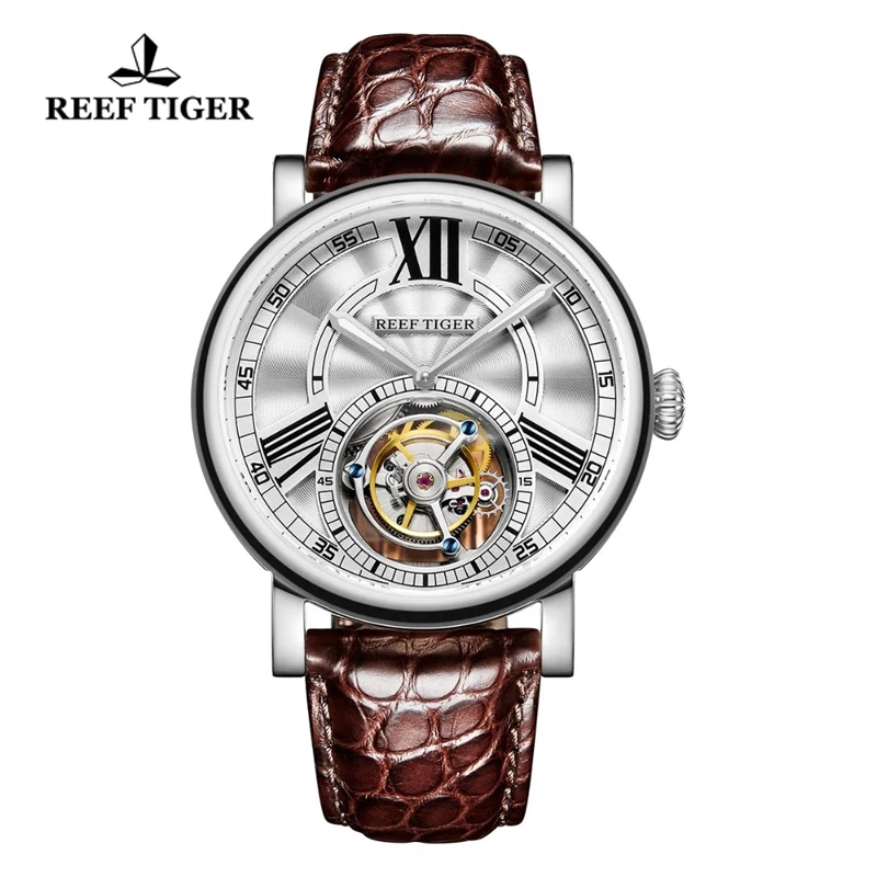 Reef Tiger/RT Top Brand Luxury Men Mechanical Watch 100% Real Tourbllon Watch Alligator Leather Strap Watches