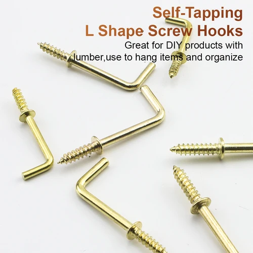 Imagen 2 del producto HSLSLS 10-30 Uds. Ganchos de tornillo de ángulo recto en forma de L dorados 1/2 ""3/4"" gancho atornillable autorroscante de acero al carbono para colgar en la pared