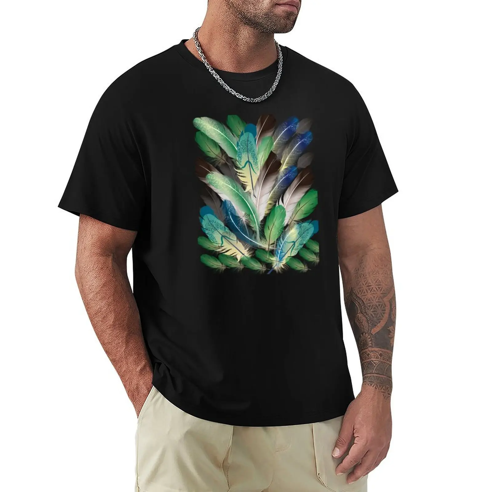 feathers realistic design bird feathers. T-Shirt Classic Crew Neck Cotton T-Shirt
