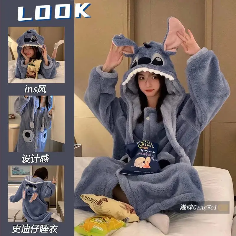 Cartoon Stitch Coral Fleece Sleepwear Pajamas Women Winter Thick Plush Bathrobe Couples Hooded Long Nightgown Home Wear Clothing