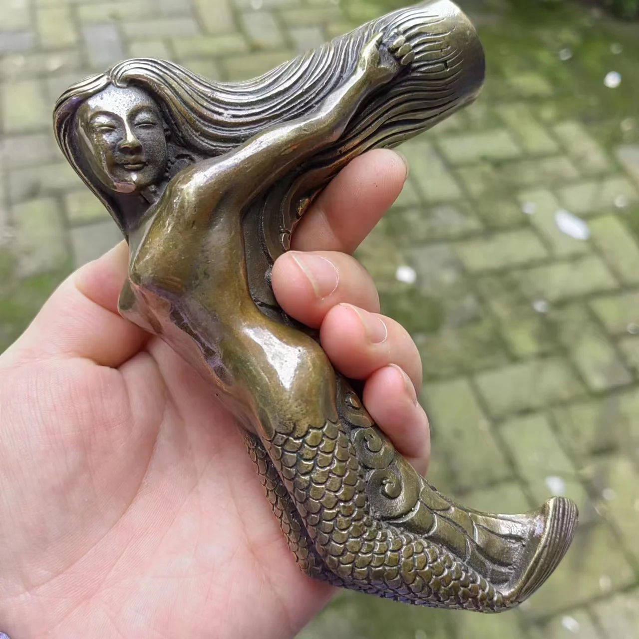 

Solid Copper Mermaid Cane Ornament Antique Brass Face Handle fine Vintage Style Walking Stick Victorian Cane Umbrella Topper