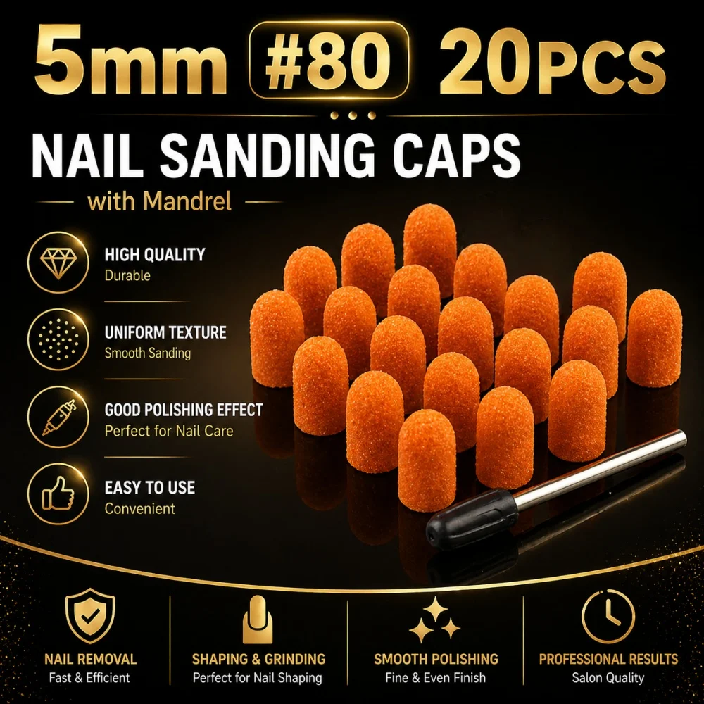 20 Stück Mini-Nagelschleifkappen 5mm mit Dorn-Set Professionelle Maniküre-Pediküre-Bohrer 80/120/180 Körnung Hohe Qualität