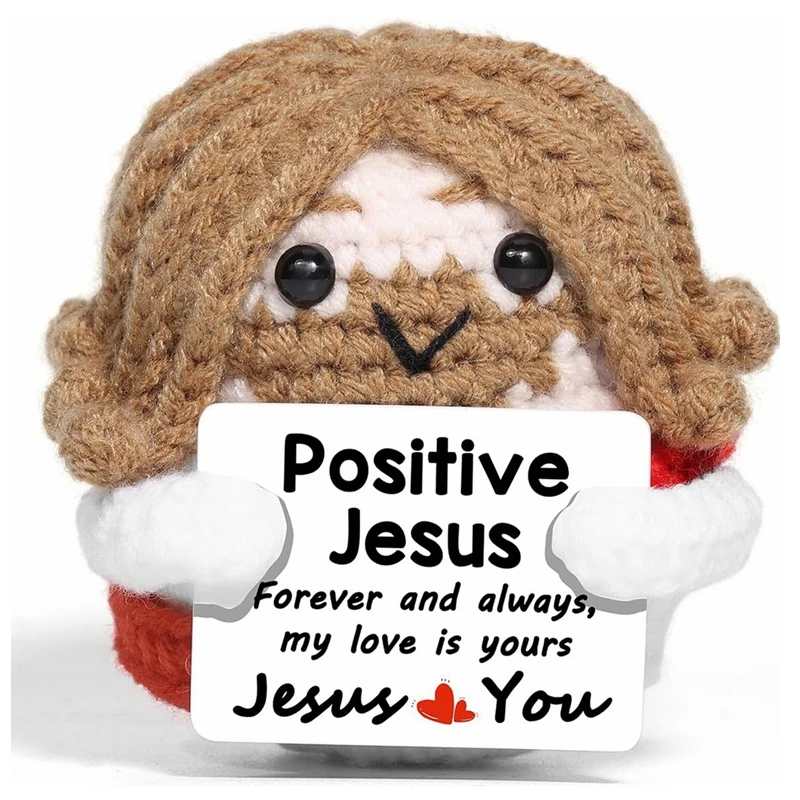 Positive Jesus Crochet Doll with Card Funny Emotional Support Desktop Ornament Handmade Knitted Figurines Gifts Home Decoration