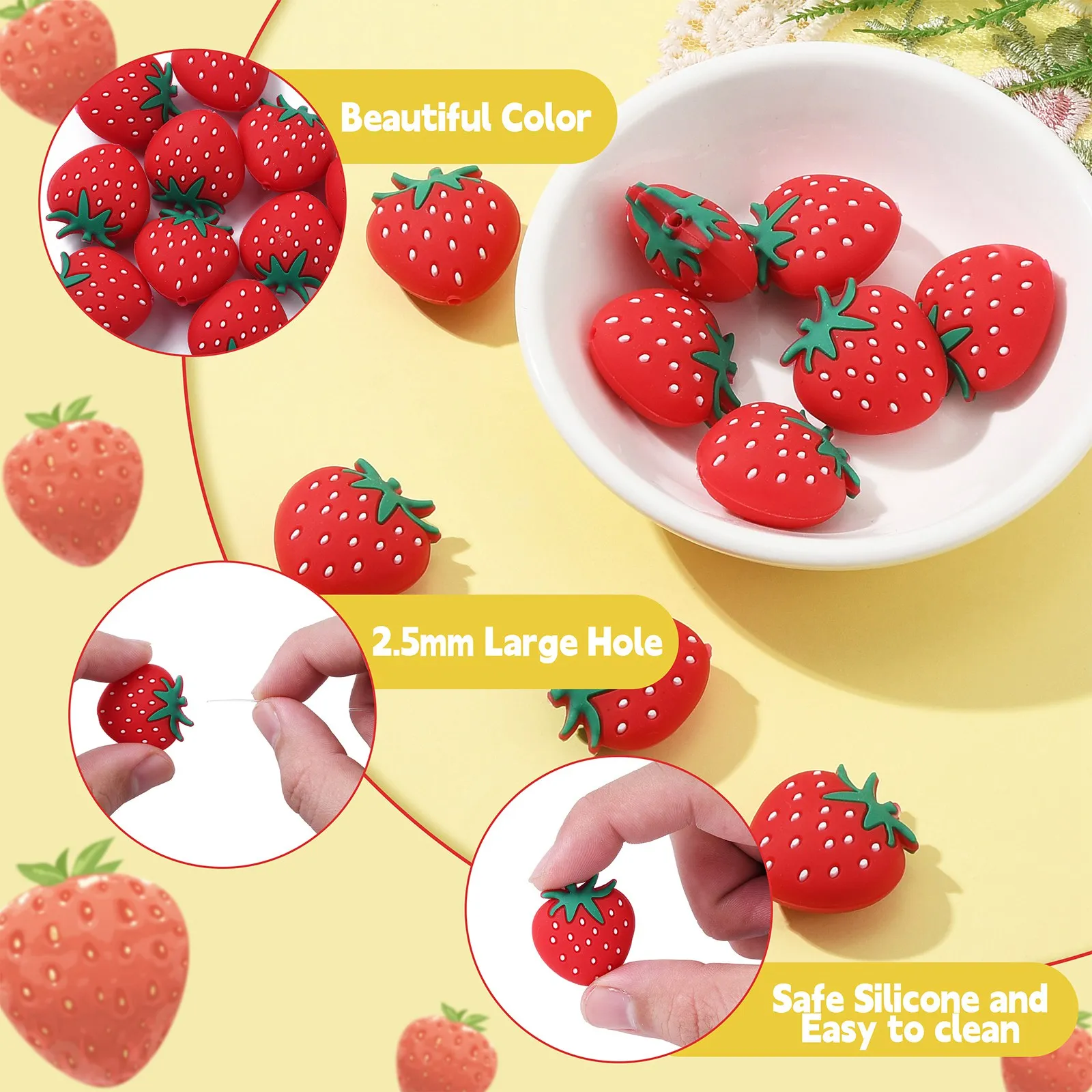 PandaHall 10 Stück rote Erdbeer-Silikonperlen, Gummi-Frucht-Abstandshalterperlen für Stifte, DIY-Armbänder, Halsketten, Bastelarbeiten – Detail 3