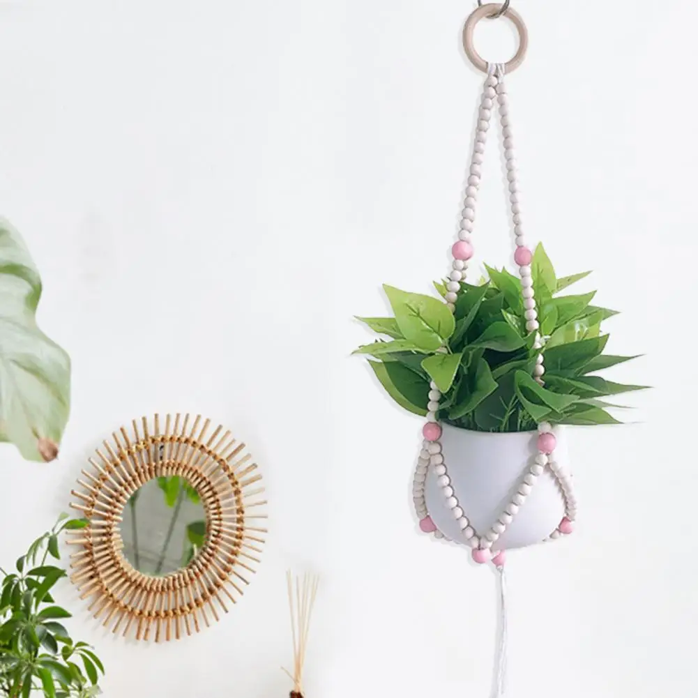 Hanging Planter Handcrafted DIY Wood Beads Multi-functional Indoor Outdoor Flower Plant Hanger Garden Decoration