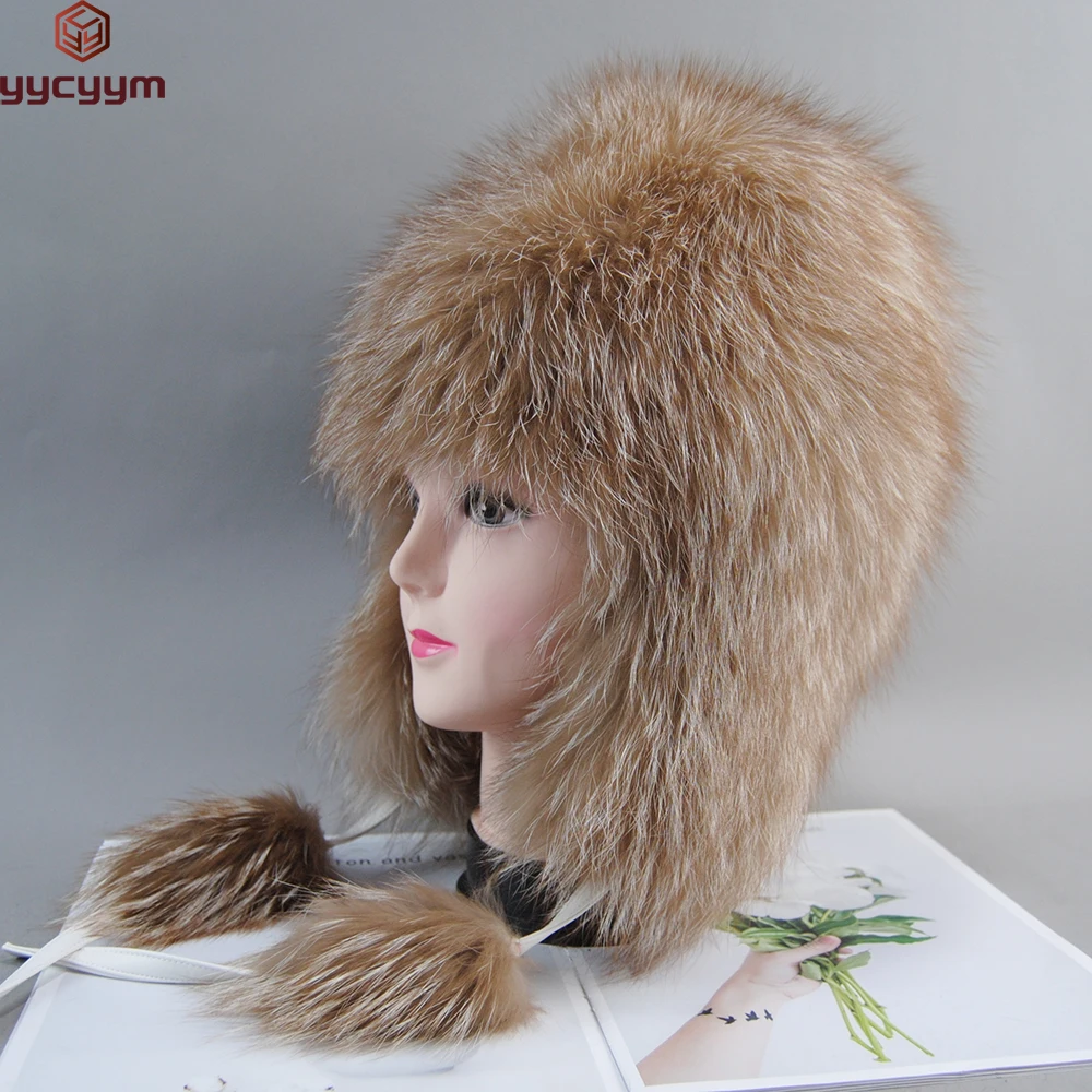 

Hot Sale 100% Natural Silver Fox Fur Women Winter Hat Knitted Cap Women Hat Fox Fur Bomber Hat Female Ear Warm Winter Must