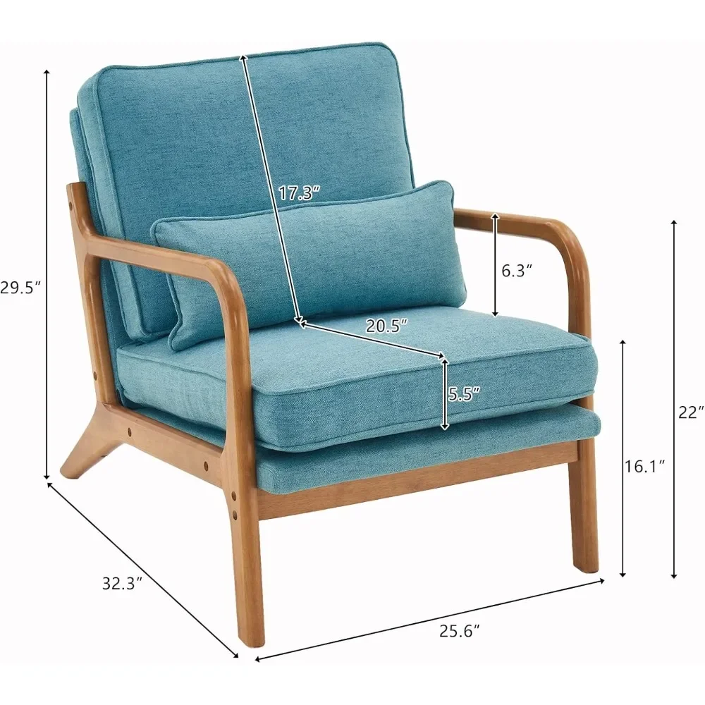 Linen Teal Comfy Accent Chair, Mid Century Modern Lounge Armchair for Living Room, Upholstered Reading Chair for Bedroom