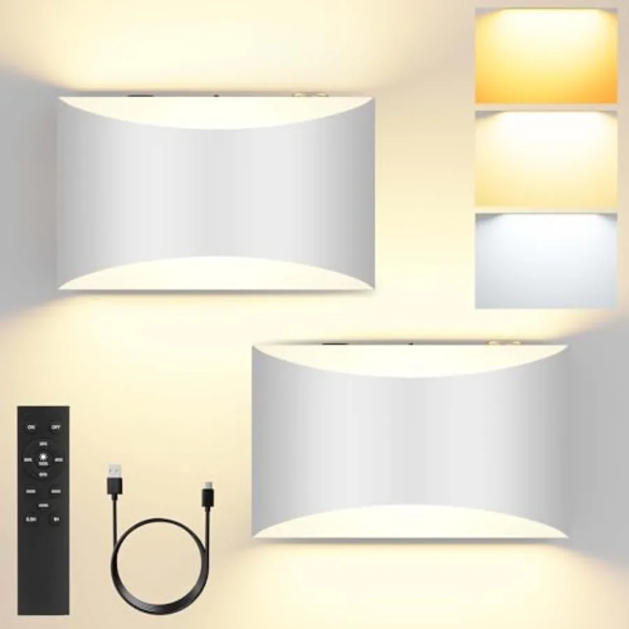 

Набор из 2 настенных светильников на батарейках, перезаряжаемые, с пультом ДУ и сенсорным управлением, 3 цветовые температуры, диммируемые, для спальни