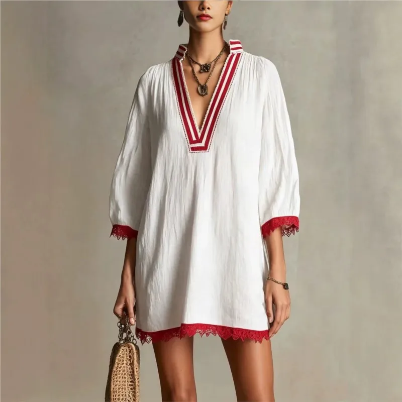 Vintage Women Lace Trim Loose Mini Dress Autumn Color Blocking Webbing Deep V‑Neck 3/4 Sleeve Short Dresses Vacation Party Dress