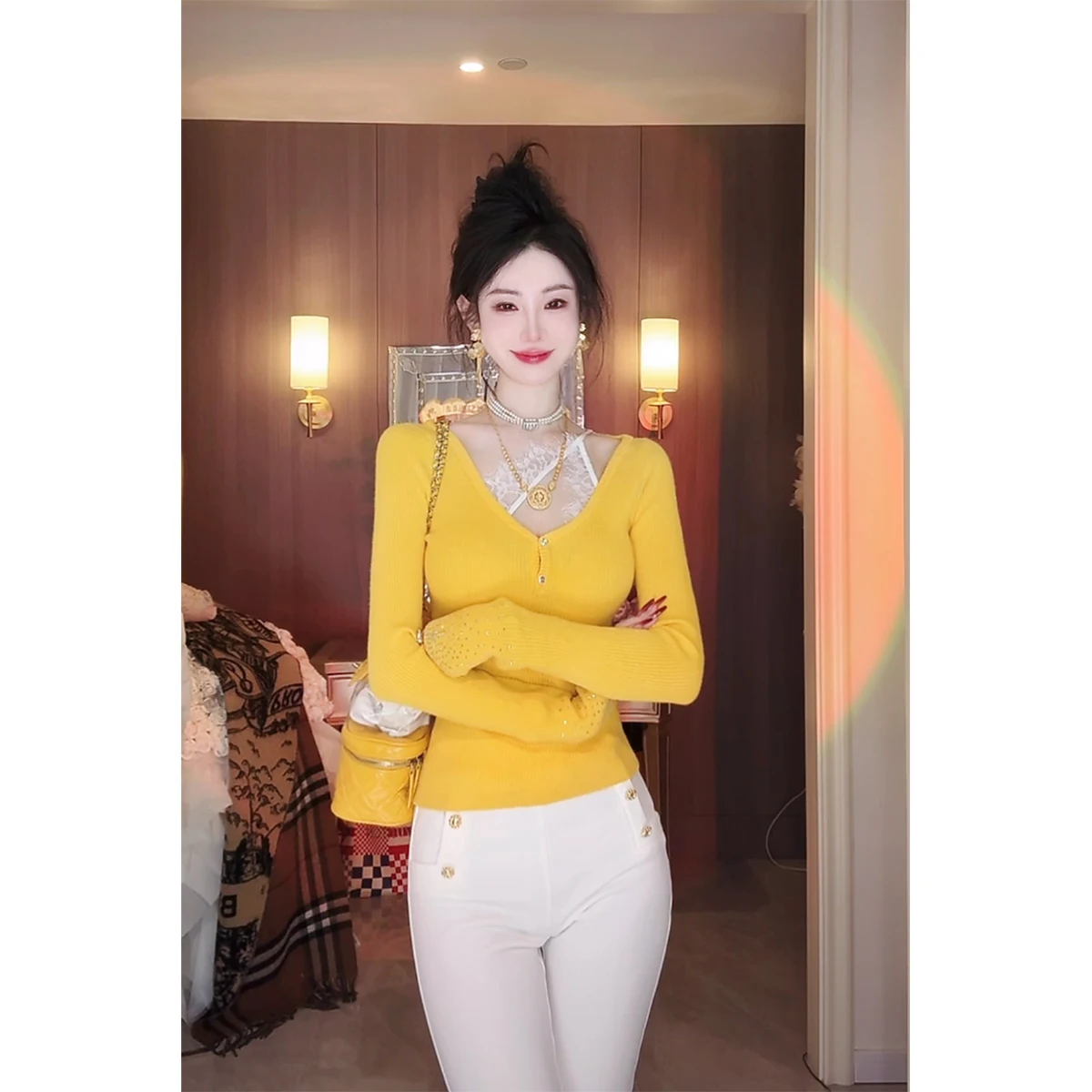 

Новый женский свитер Sy Pure с V-образным вырезом, вязаный, с кружевными вставками, в корейском стиле, приталенный, с длинными рукавами, дизайн с цветовыми блоками, весна