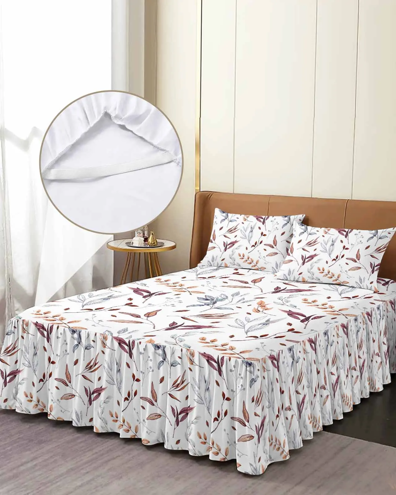 

Autumn Thanksgiving Leaf Plants Skirt Elastic Fitted Bedspread With Pillowcases Mattress Cover Bedding Set Bed Sheet