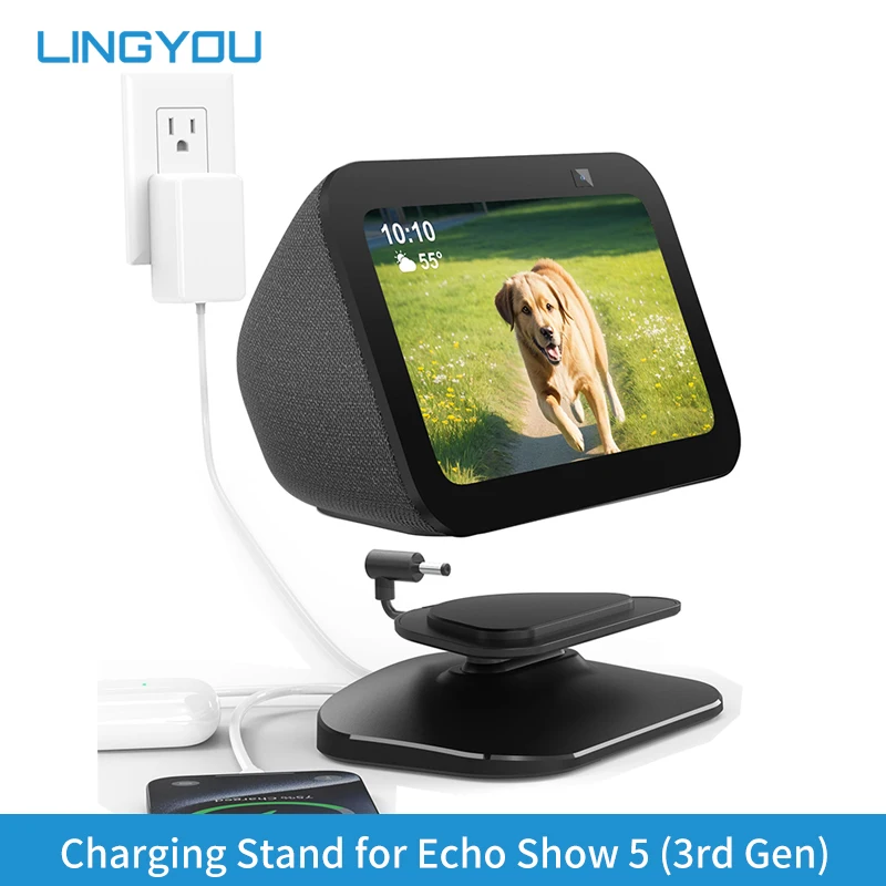 حامل LINGYOU لـ Echo Show 5 3rd Gen - حامل طاولة قابل للتعديل مع منفذي شحن (USB-C/A) للهواتف المحمولة وسماعات الأذن