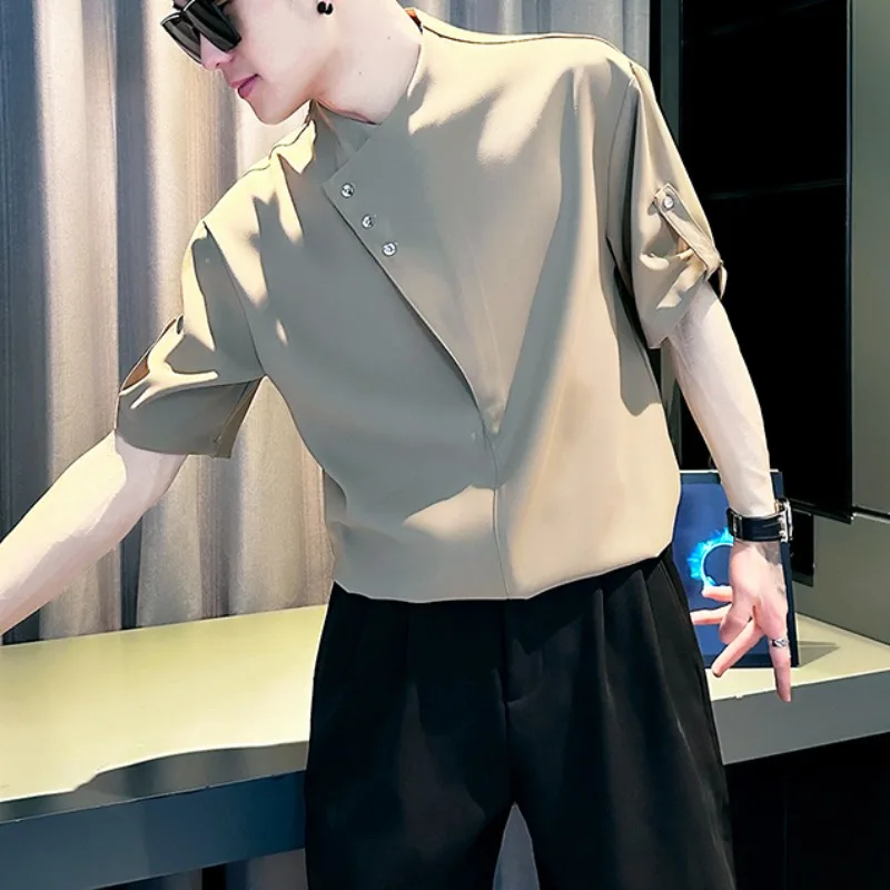 

Высококачественные пуловеры без воротника, мужские летние однотонные свободные рубашки с коротким рукавом, повседневная брендовая мужская одежда