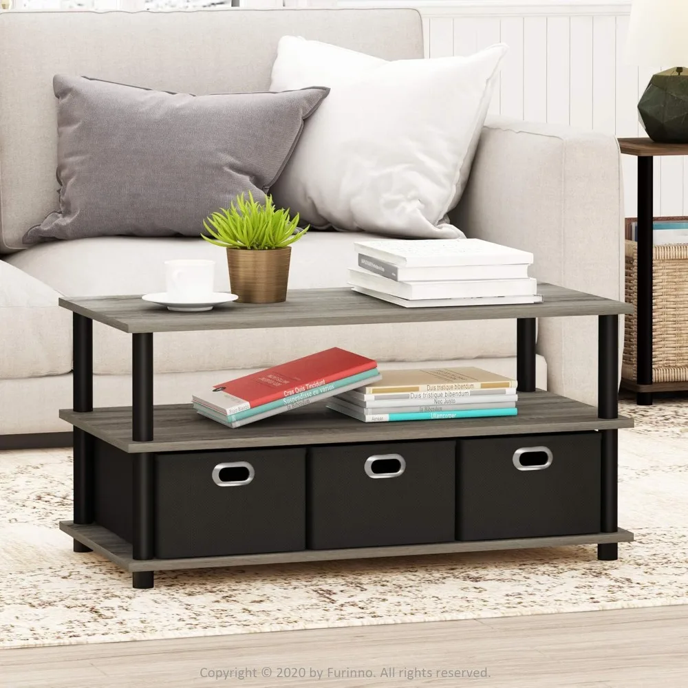 Modern 3-Tier Coffee Table with Storage Bins, French Oak Grey Finish, Easy Assembly for Living Room