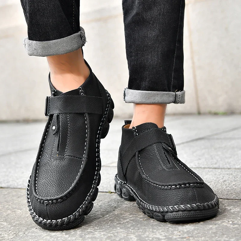 New Men's Casual Shoes Handmade Leather Soft-sole Non-slip Sneakers Outdoor Work Fashion Youth Microfiber Ankle Boots