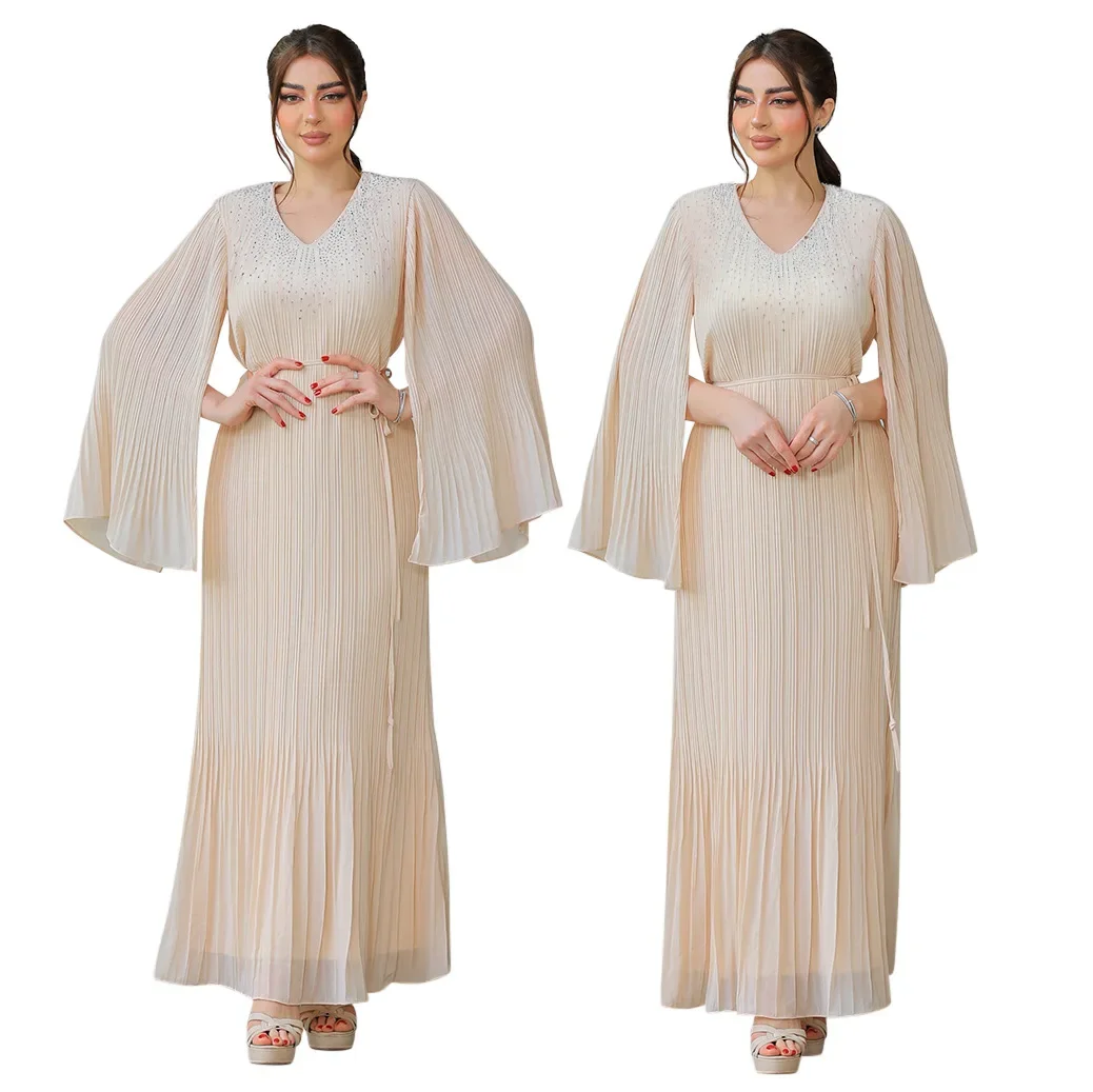 

New Fashion Pleated Long Dress for Women Muslim Dubai Abaya Turkey Kaftan Eid Djellaba Islam Jalabiya Caftan Marocain Femme Robe