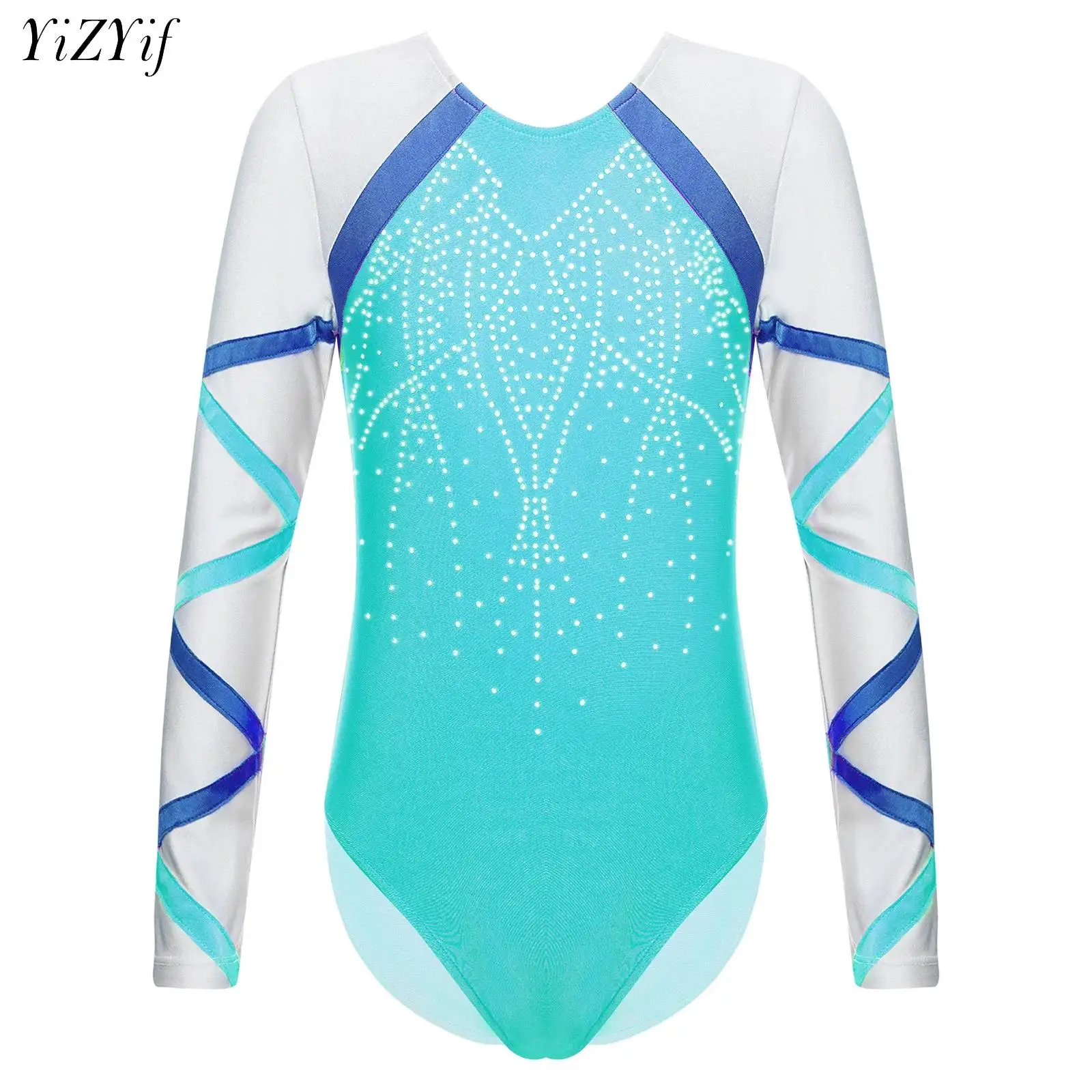

Kid Girls Ballet Leotard Long Sleeve Shiny Rhinestone Bodysuit Gymnastics Figure Skating Dance Class Stage Performance Dancewear