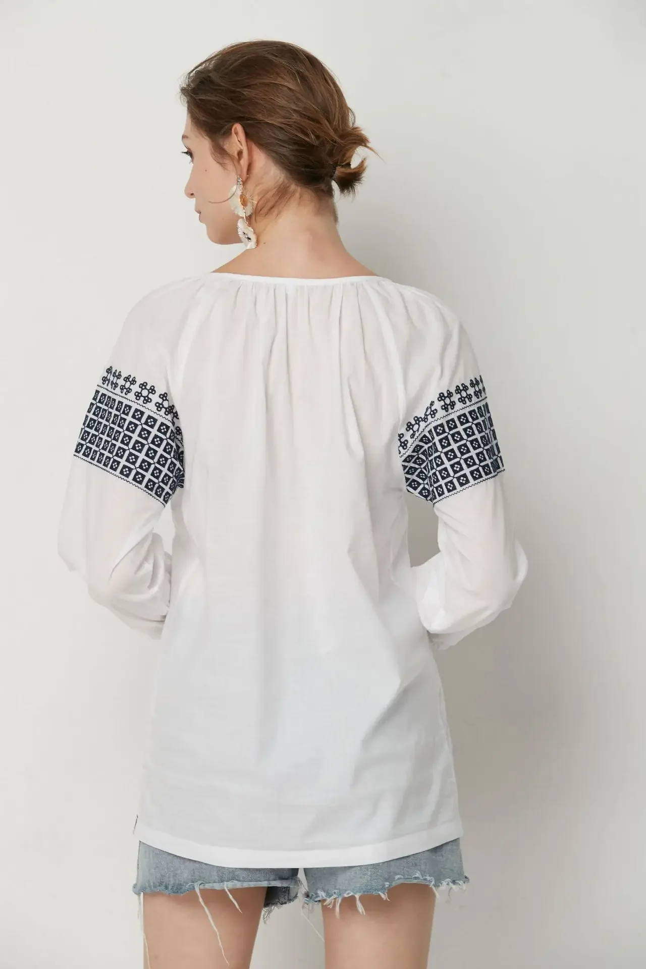 TEELYNN White Bohemia Tops Cotton Embroidery 2024 Autumn Blouse Shirt Women Casaul Loose V Neck Boho Pullover Camisas Mujer