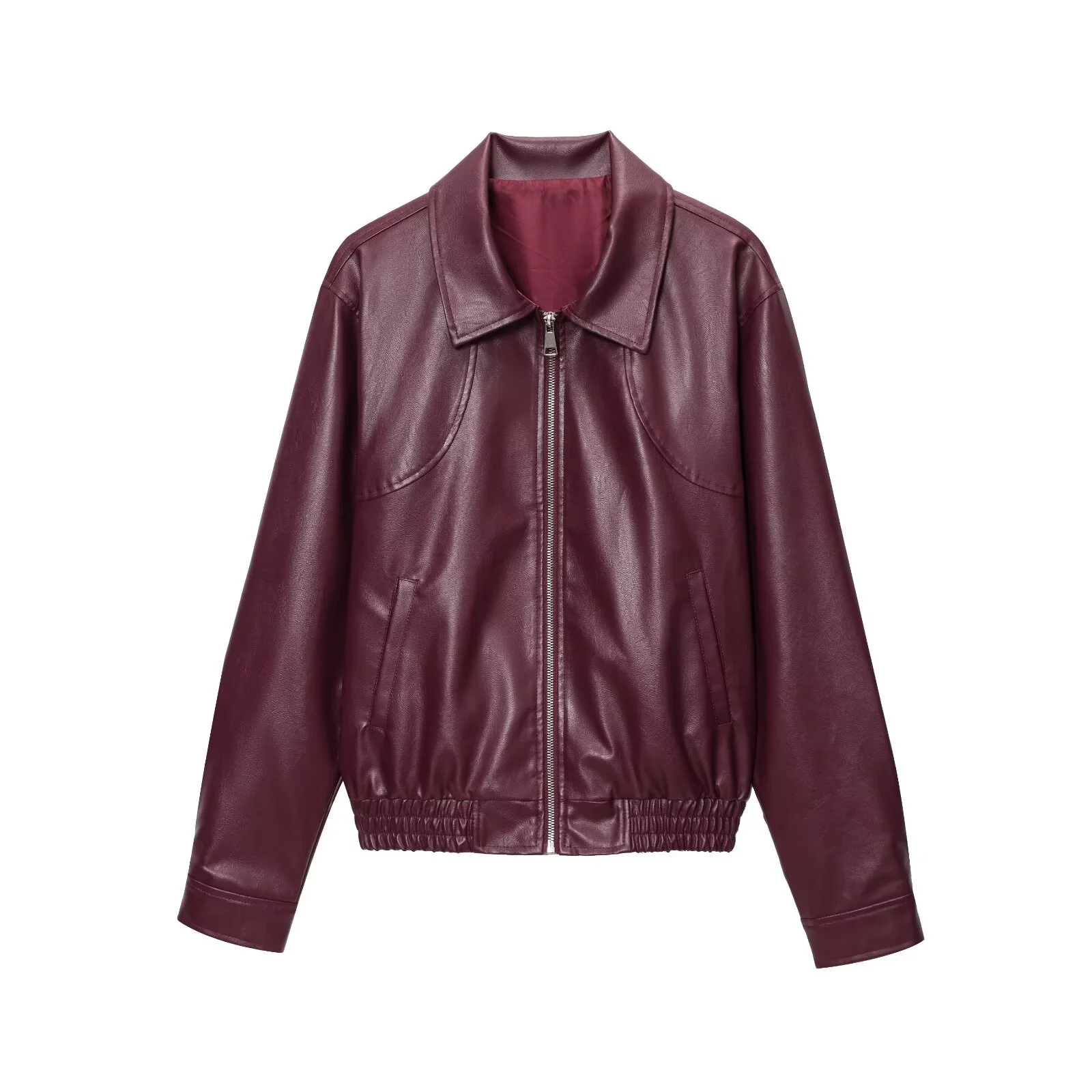 

2025 женская осенняя новая американская повседневная минималистичная кожаная куртка в стиле ретро с лацканами и длинными рукавами винно-красного цвета