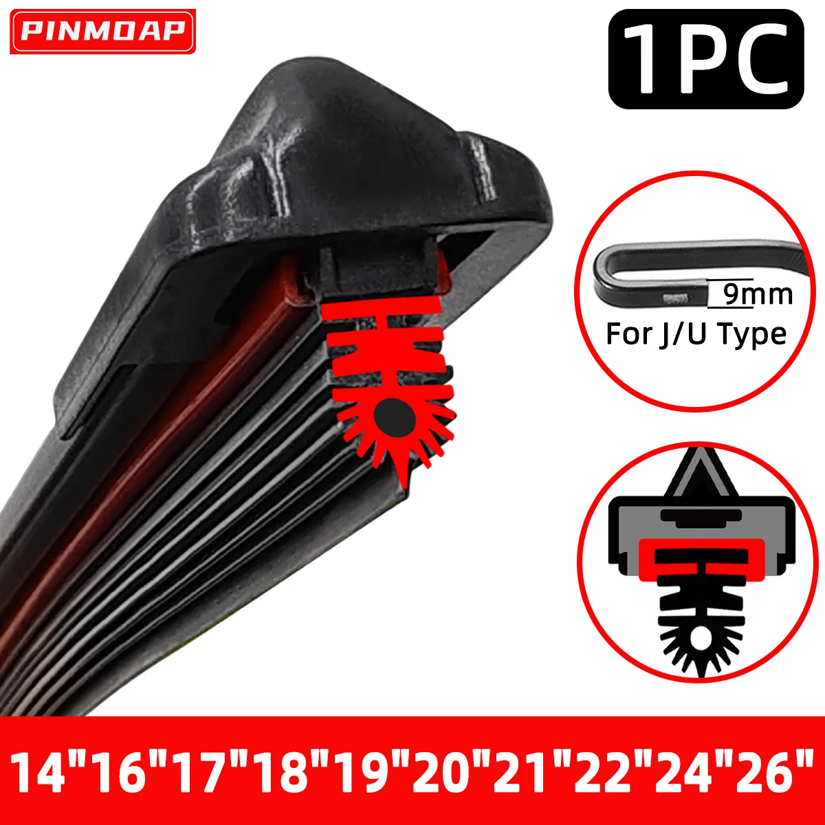 PINMOAP Auto-Scheibenwischer mit 11-Schicht-Gummistreifen-Design, 9mm Universal J/U Schnittstelle, 14"16"17"18"19"20"21"22"24"26"